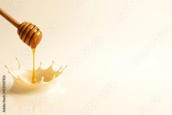 Obraz "Milk Splash Torus with Dripping Honey Dipper — Minimalist Breakfast Hero Visual on Pastel Background (8K, High-Speed Studio Shot)"