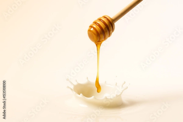 Obraz "Milk Splash Torus with Dripping Honey Dipper — Minimalist Breakfast Hero Visual on Pastel Background (8K, High-Speed Studio Shot)"