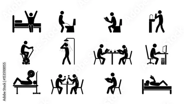 Obraz Set of stick figures,daily routine by actions, flat vector illustration.