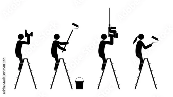 Obraz Set of stick figures, construction and repair. Work on the stairs, flat vector illustration.