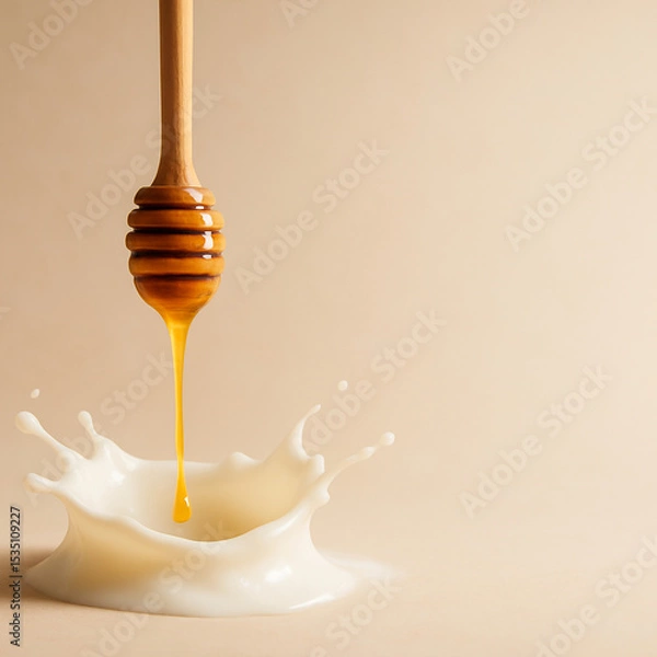 Obraz "Milk Splash Torus with Dripping Honey Dipper — Minimalist Breakfast Hero Visual on Pastel Background (8K, High-Speed Studio Shot)"