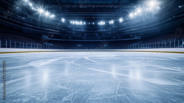 Obraz Empty ice rink with a smooth surface, viewed from the stands, under soft lighting. A serene and minimalist sports moment.
