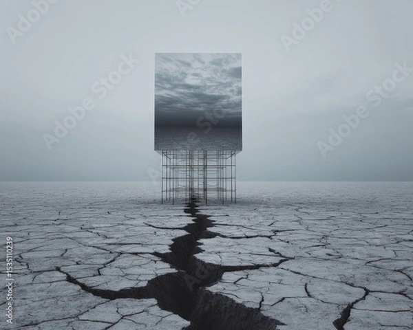 Obraz A large, reflective cube sits in the middle of a barren, rocky desert