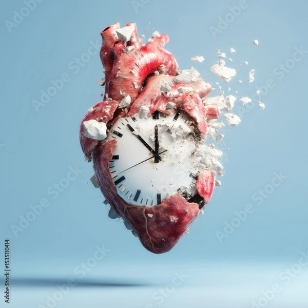 Obraz A heart with a clock on it that is broken and has the hands at 3:00