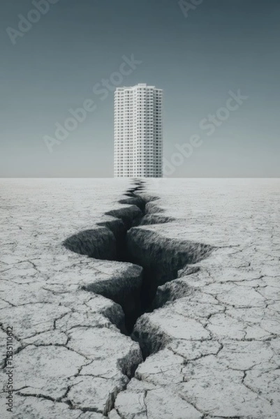 Obraz A large building is in the background of a photo of a cracked, broken ground