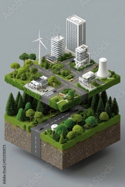 Obraz A cityscape is shown in a 3D model, with a road and buildings in the foreground
