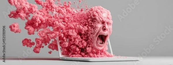 Obraz A man's face is blown up on a laptop screen, with his mouth open and teeth bared