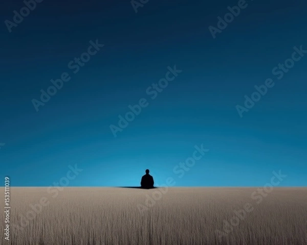 Obraz A person is sitting in the middle of a field, looking up at the sky