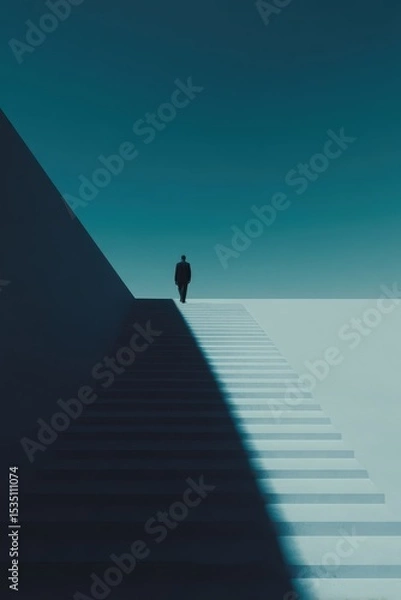 Obraz A man is walking down a set of stairs in a dark room