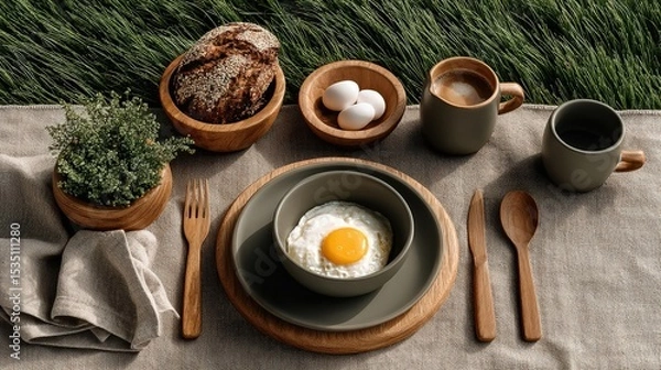 Obraz A breakfast table with a plate of eggs and toast, a bowl of eggs
