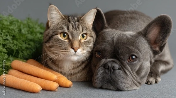 Obraz A cat and a dog are laying on a table with a bunch of carrots