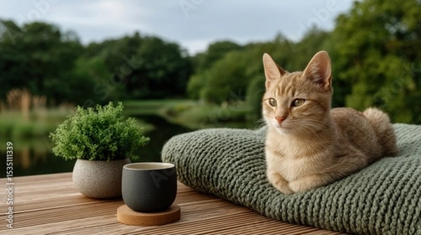 Obraz A cat is laying on a blanket next to a cup and a potted plant
