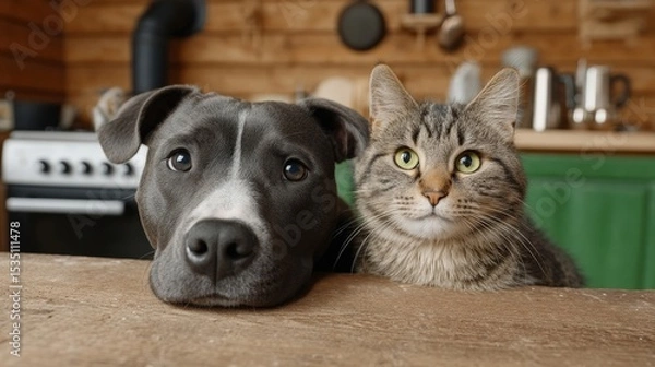 Obraz A black dog and a cat are standing on a wooden table