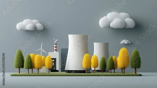Obraz A cityscape with a nuclear power plant and wind turbines