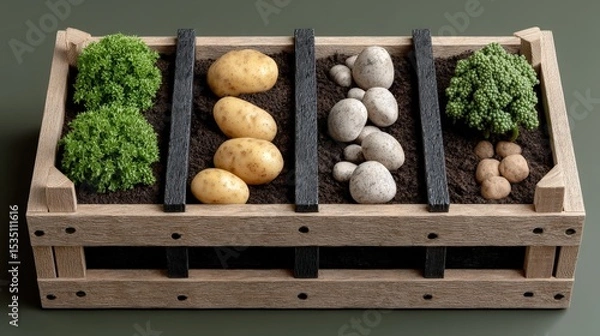 Obraz A wooden crate filled with potatoes, mushrooms, and other vegetables