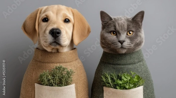 Obraz Two dogs and a cat are wearing sweaters and holding plants in their pockets