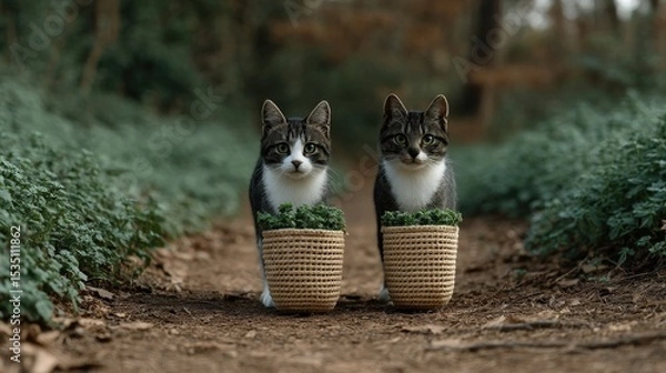 Obraz Two cats are standing in a basket with plants