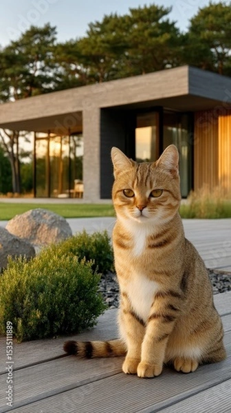 Obraz A cat is sitting on a wooden deck in front of a house