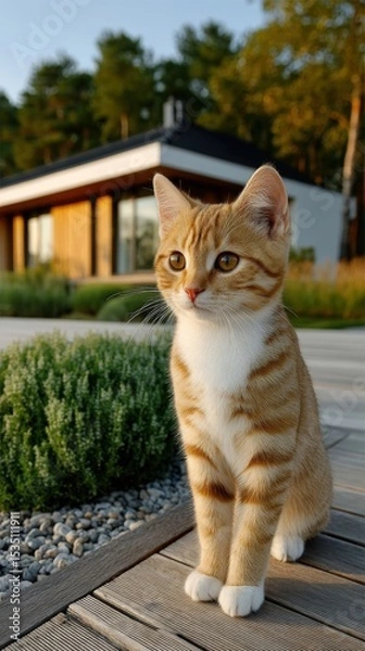 Obraz A cat is sitting on a wooden deck next to a house