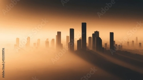Obraz A city skyline is silhouetted against a hazy, foggy sky