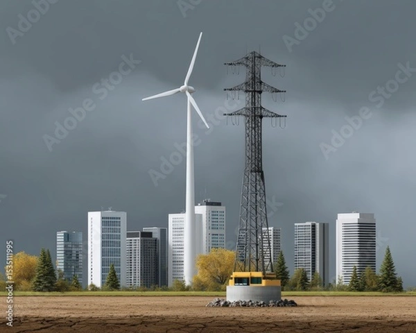 Obraz A city with a wind turbine and a power line