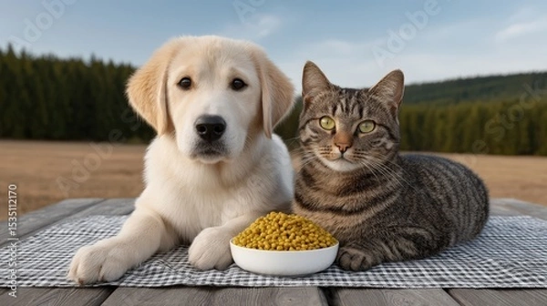 Obraz A dog and a cat are laying on a blanket next to a bowl of food