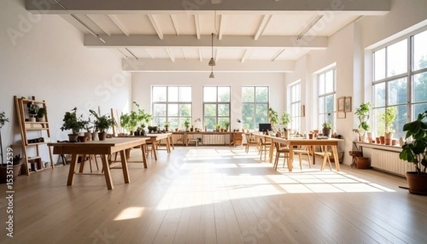 Obraz Bright and Airy Studio Workspace with Plants and Natural Light.