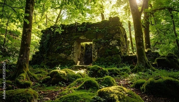 Obraz Ancient Stone Ruins Overgrown with Lush Green Moss in a Sunlit Forest.
