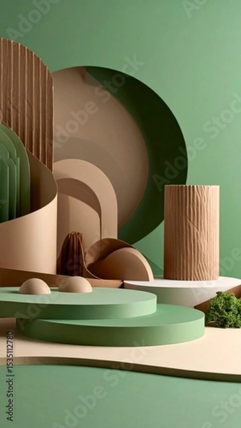 Obraz Abstract Green and Beige Paper Shapes Minimalist Composition.