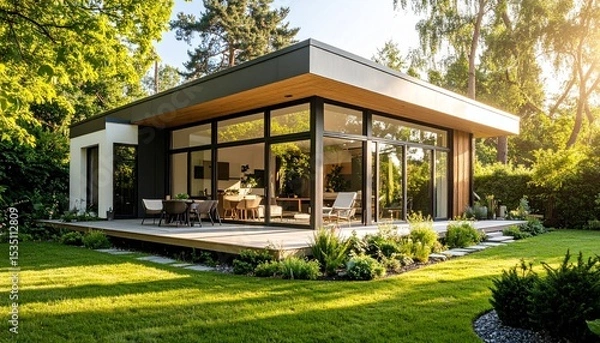 Obraz Modern Minimalist House Design with Large Windows and Deck.