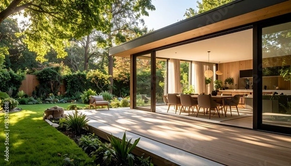 Obraz Modern Home Design with Sunlit Deck and Lush Garden.