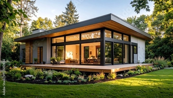 Obraz Modern Ranch House with Large Windows and Deck in Lush Green Landscape.