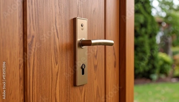 Obraz Modern Door Handle on Wooden Door Home Security and Design.