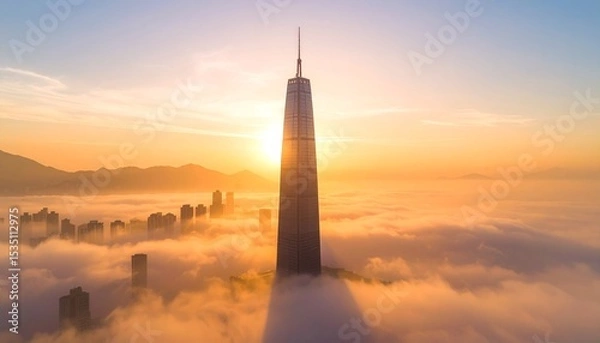 Obraz Majestic Skyscraper Piercing Sunrise Cloudscape.