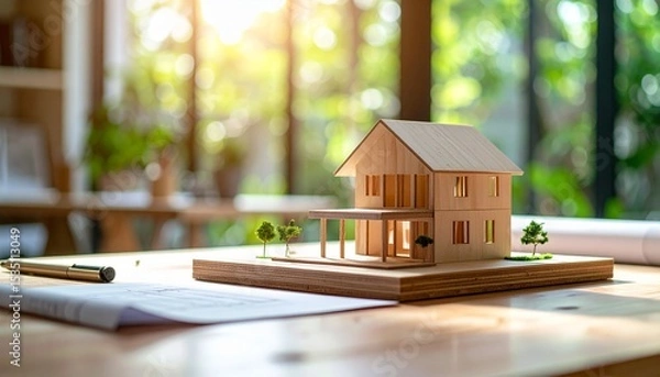 Obraz Sustainable Home Design Model on Wooden Table with Blueprints.
