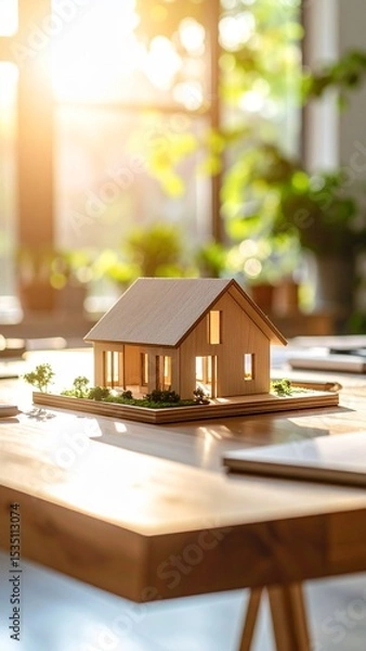 Obraz Wooden House Model on Desk in Sunlit Room Home Design Concept.