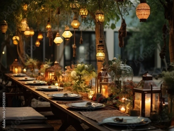 Fototapeta Banquet table adorned with fall decorations and hanging lights