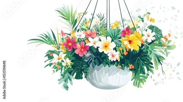 Fototapeta Modern Abstract Vector Design Illustrating a Hanging Basket Brimming with Lush Spring Foliage and Radiant Flowers on White Background