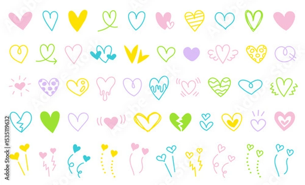 Fototapeta 手描きのハートアイコン。落書き風のハート。バレンタインデーや愛のシンボル。ベクター素材。