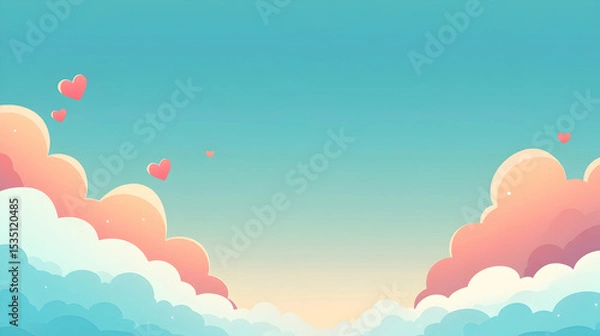 Fototapeta Love Hearts Floating in a Cartoon Cloudscape with Pastel Colors and Dreamy Atmosphere