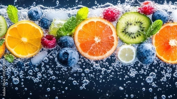 Fototapeta Fruit Burst in Aqua: A vibrant and refreshing collection of sliced fruits and icy fragments dances in crystal-clear water, a symphony of color and refreshment.