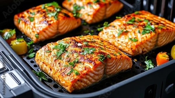 Fototapeta Culinary Delight: A tantalizing close-up showcasing perfectly grilled salmon fillets, garnished with fresh herbs, resting on a modern cooking surface.