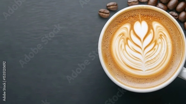 Fototapeta Latte Art Delight: A close-up shot captures the artistic flair of a latte, with a beautiful heart-shaped design adorning its surface, accompanied by roasted coffee beans. 