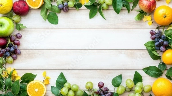 Fototapeta Fruit Frame on Wooden Table: A vibrant frame of fresh fruits – apples, oranges, and grapes – surrounds a blank space on a rustic wooden table, perfect for adding text or a logo.