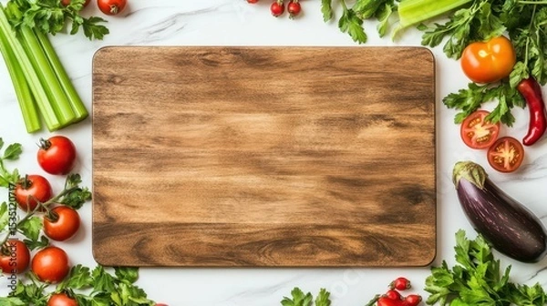 Fototapeta Culinary Canvas: A rustic wooden cutting board sits as the focal point surrounded by a fresh bounty of colorful vegetables, inviting culinary creativity. 