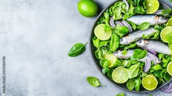 Fototapeta Appetizing Sardines Salad: A vibrant dish featuring fresh sardines, complemented by zesty limes, refreshing basil, and thinly sliced red onion, all artfully arranged on a grey plate.