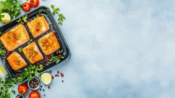 Fototapeta Salmon Delight: A culinary masterpiece awaits, as perfectly seasoned salmon fillets, nestled amidst vibrant greenery and colorful accompaniments, sit ready for a delightful dining experience.