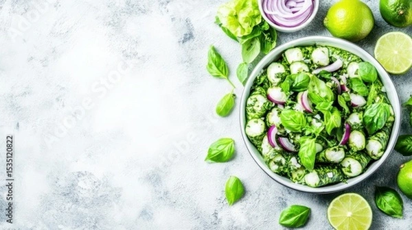Fototapeta Freshly Crafted Salad: A vibrant medley of ingredients arranged beautifully in a bowl, showcasing a balanced, healthy meal ideal for those seeking nutritious options.
