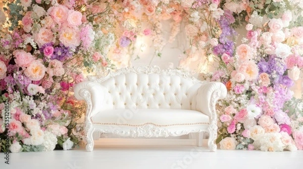 Fototapeta White Sofa Amidst Blossoms: An elegant white chaise lounge sits serenely amidst a vibrant profusion of pink, purple, and white blossoms, creating a romantic and dreamy atmosphere.