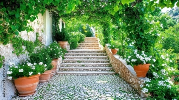 Fototapeta Stairway to Serenity: a pathway adorned with a winding staircase leads the eye upward through a beautifully landscaped garden, embraced by the verdant embrace of climbing vines and lush foliage.